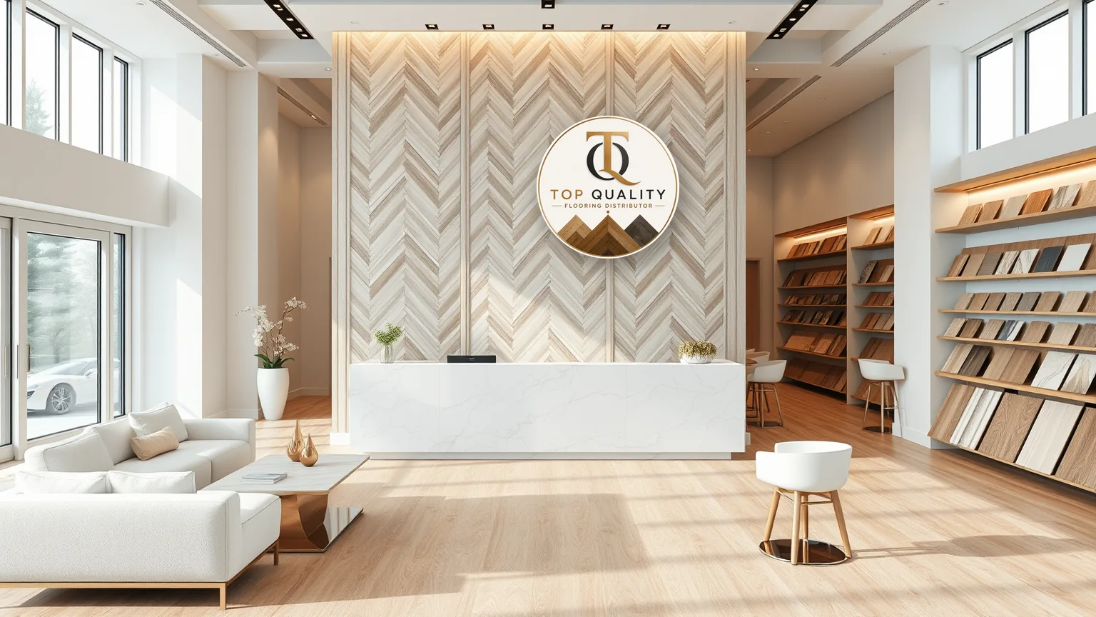 Top Quality Flooring showroom — logo on a herringbone wood feature wall